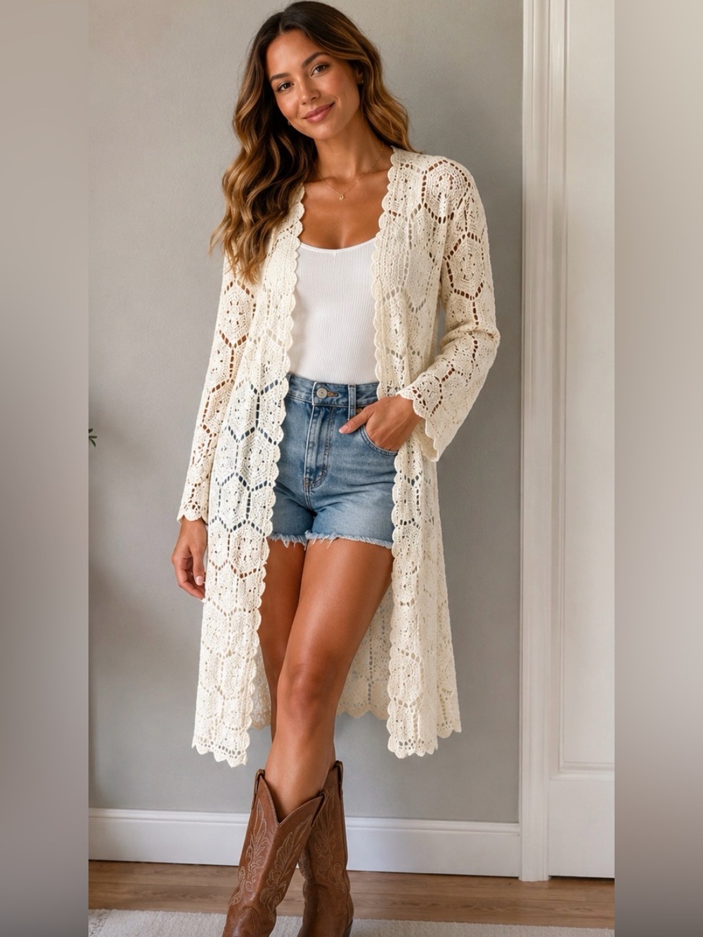 Anthro‎ Saltwater LUXE BOHO Cream Crochet Longline Open Cardigan small